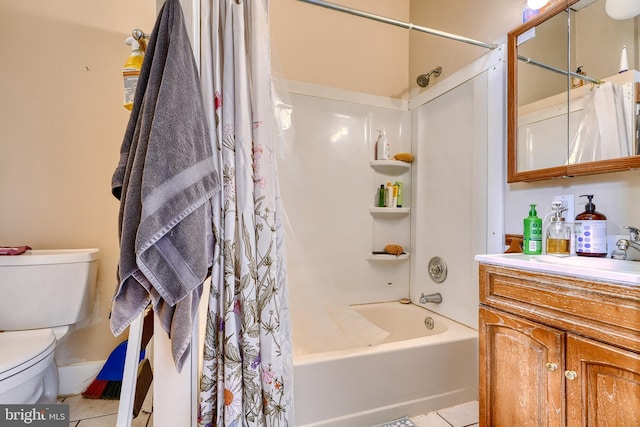 full bathroom featuring shower / tub combo with curtain, vanity, toilet, and tile patterned floors