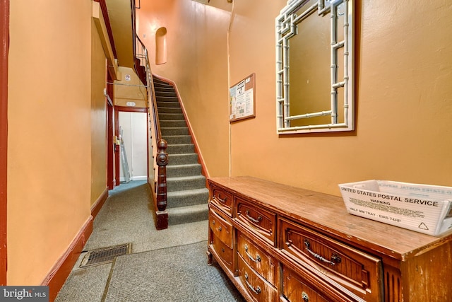 staircase featuring carpet flooring