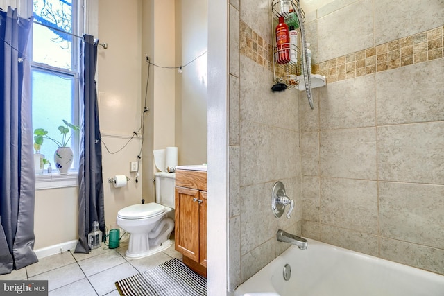 full bathroom featuring shower / bath combination with curtain, plenty of natural light, vanity, and tile patterned flooring