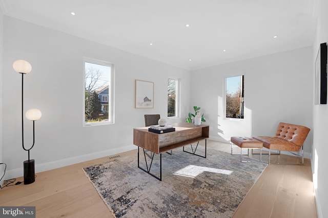 office area with light wood-type flooring, a healthy amount of sunlight, and baseboards