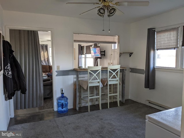 kitchen with a baseboard heating unit and a ceiling fan