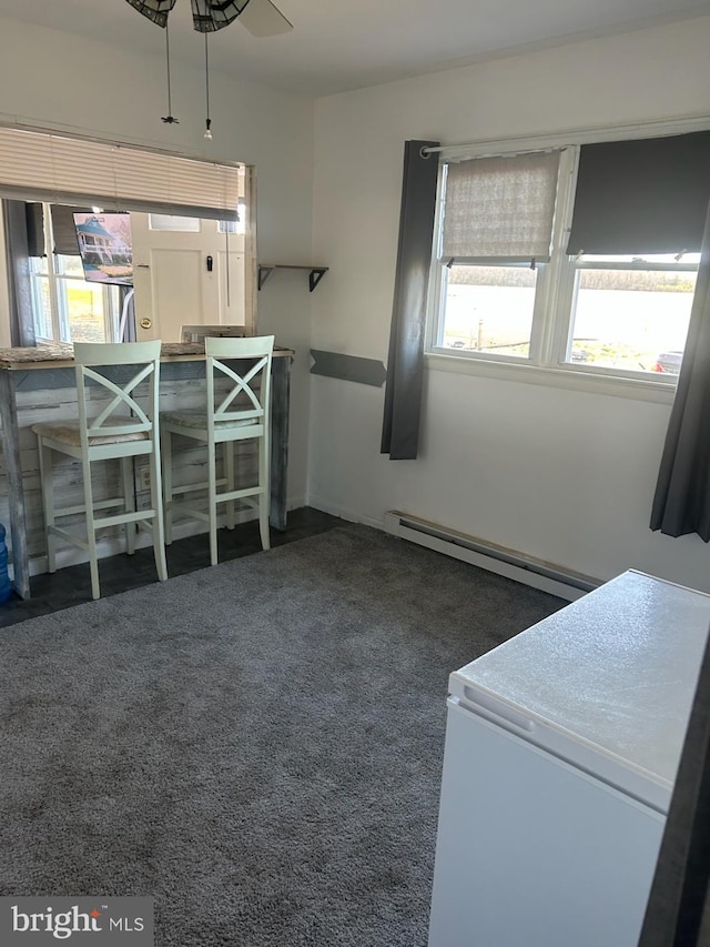 interior space featuring baseboard heating, carpet flooring, and ceiling fan