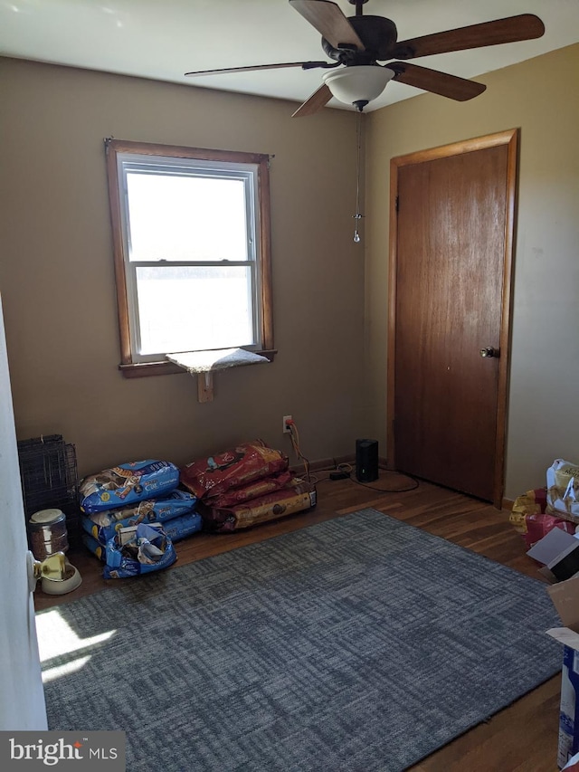 interior space with ceiling fan and wood finished floors