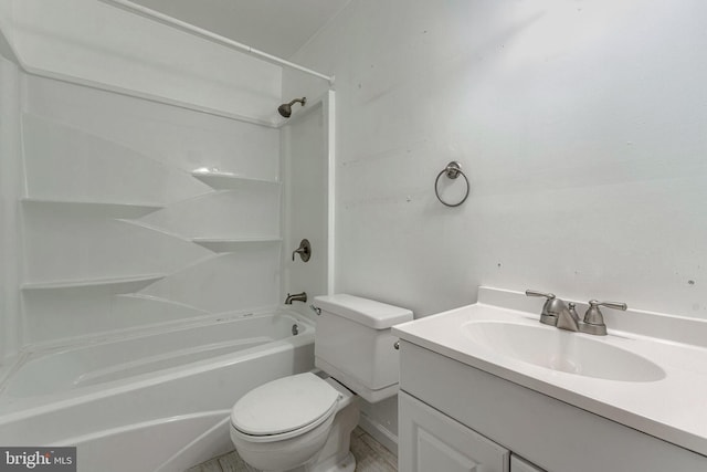 full bathroom featuring bathtub / shower combination, toilet, and vanity