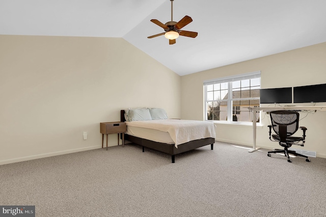 carpeted bedroom featuring lofted ceiling, ceiling fan, and baseboards