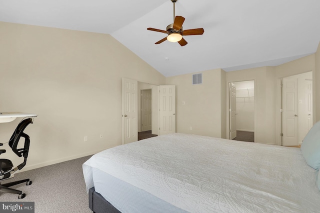 bedroom featuring carpet, lofted ceiling, visible vents, a ceiling fan, and baseboards