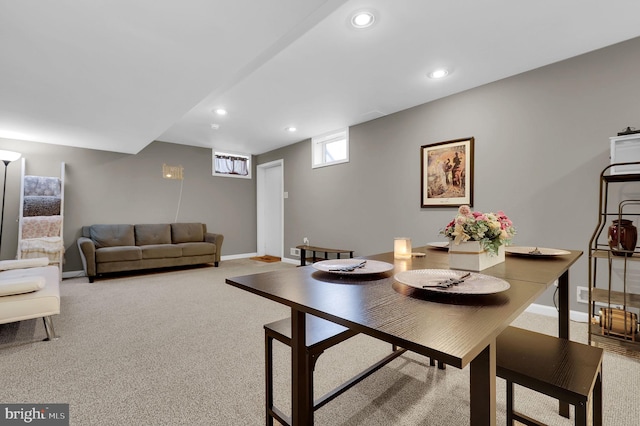 carpeted dining room with baseboards and recessed lighting