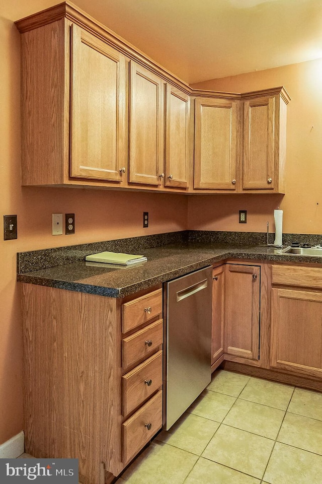 kitchen featuring stainless steel dishwasher and light tile patterned floors