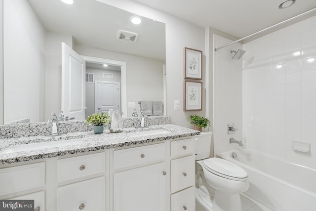 full bath with double vanity, visible vents, toilet, tub / shower combination, and a sink