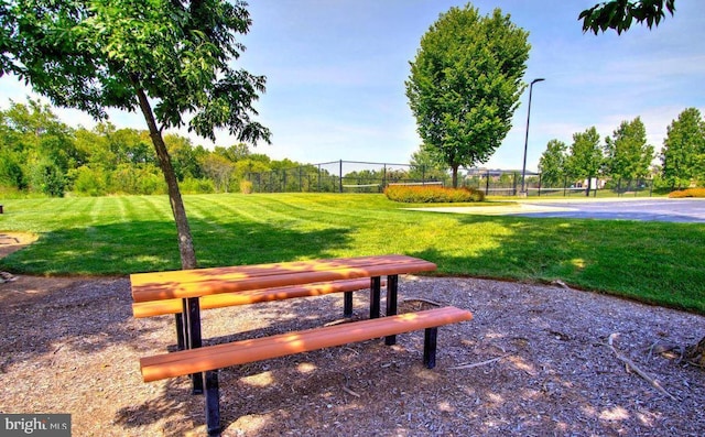 view of property's community featuring fence and a lawn