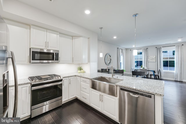 kitchen with stainless steel appliances, hanging light fixtures, and a peninsula