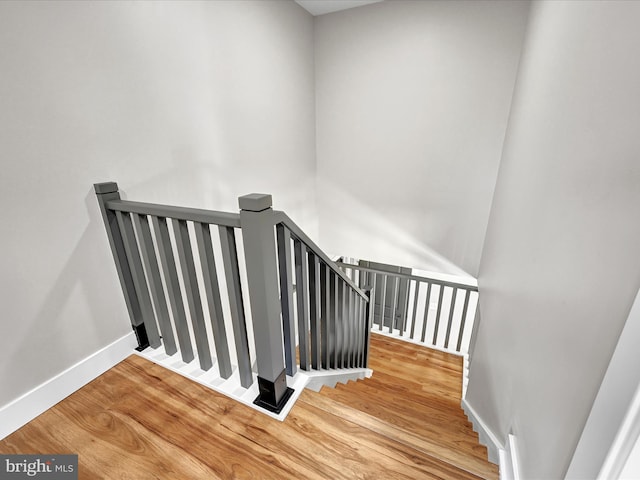 stairway with hardwood / wood-style flooring