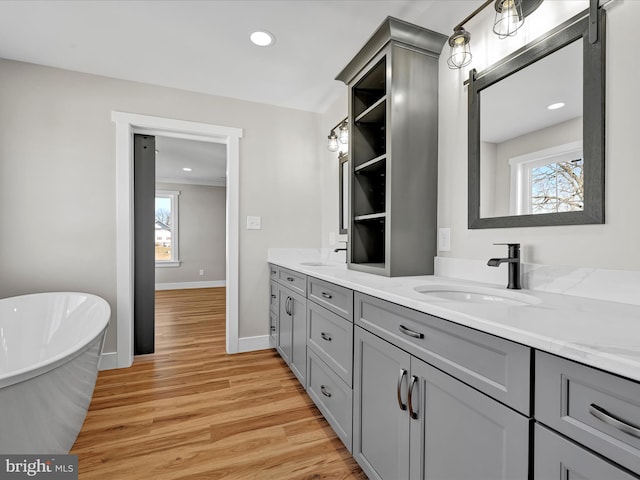 bathroom featuring wood-type flooring, a bathtub, and vanity