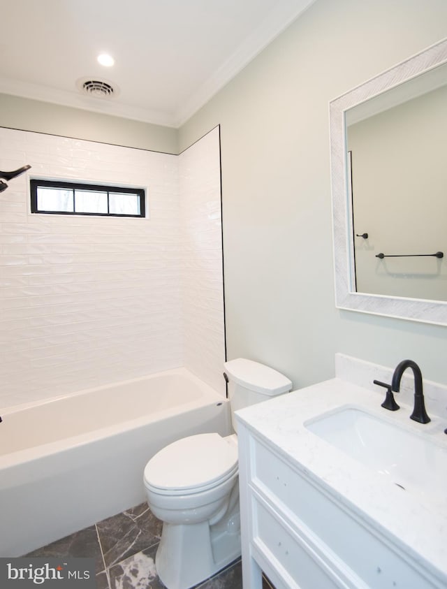 full bath featuring visible vents, bathing tub / shower combination, toilet, crown molding, and vanity