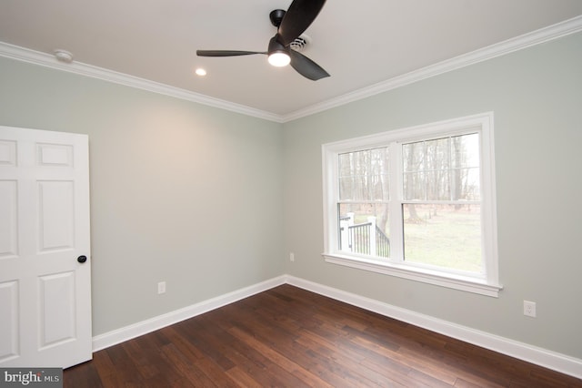 unfurnished room featuring dark wood-style floors, crown molding, recessed lighting, ceiling fan, and baseboards