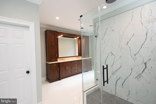 bathroom featuring ornamental molding, a marble finish shower, vanity, and recessed lighting