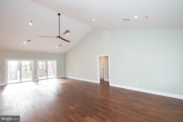 unfurnished living room with high vaulted ceiling, recessed lighting, dark wood-type flooring, a ceiling fan, and baseboards