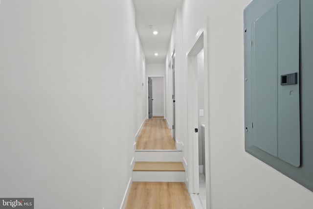 hallway with light hardwood / wood-style floors and electric panel