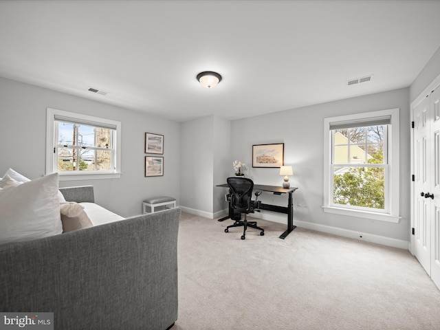 office space with a wealth of natural light, carpet flooring, and visible vents