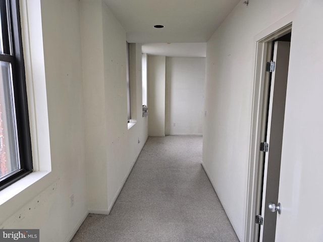 hall featuring light colored carpet