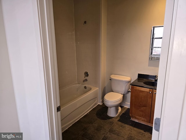 full bath with toilet, tub / shower combination, vanity, and baseboards