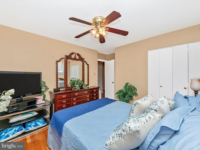 bedroom featuring a ceiling fan, a closet, and wood finished floors