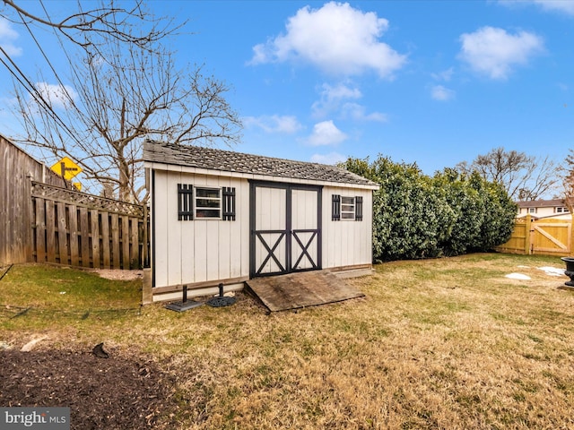 view of shed featuring a fenced backyard