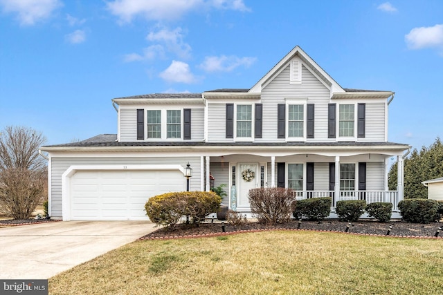 traditional-style home featuring a porch, a front yard, driveway, and an attached garage