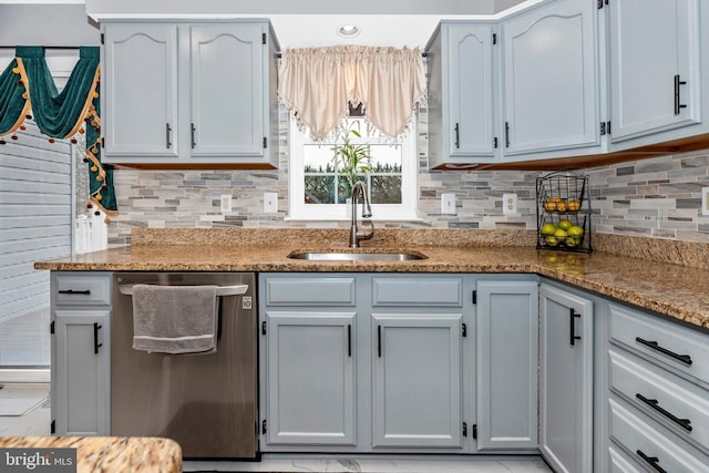 kitchen with dishwasher, tasteful backsplash, stone countertops, and a sink