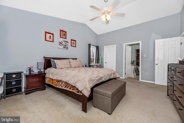 bedroom featuring ceiling fan, baseboards, vaulted ceiling, and light colored carpet