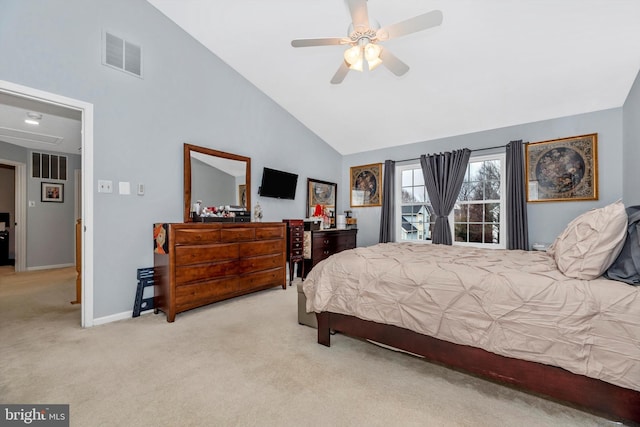 bedroom with light carpet, high vaulted ceiling, baseboards, and visible vents