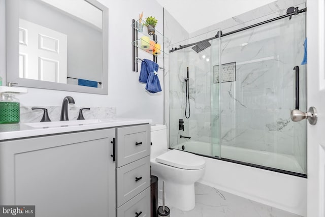 bathroom with enclosed tub / shower combo, marble finish floor, toilet, and vanity