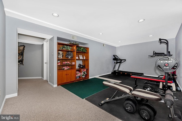 workout area featuring visible vents, baseboards, carpet flooring, and recessed lighting