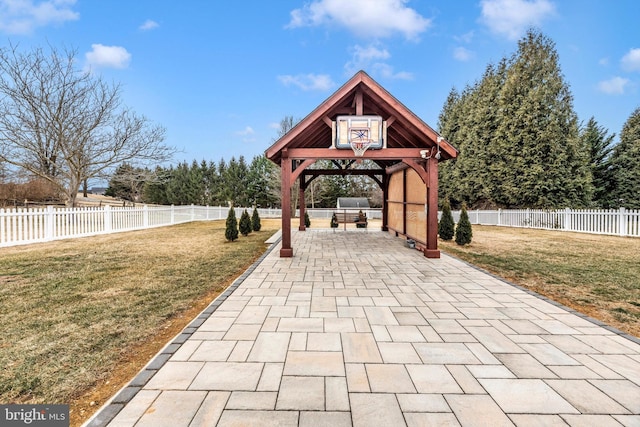 surrounding community with a gazebo, a yard, a patio, and a fenced backyard