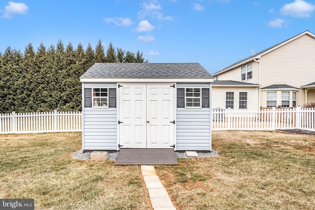 view of shed with a fenced backyard