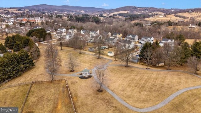 aerial view featuring a residential view and a mountain view