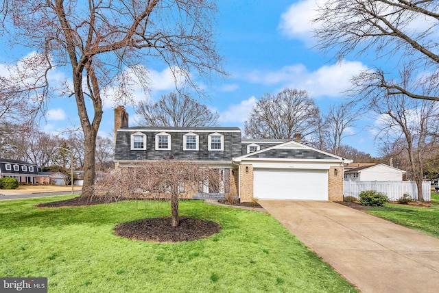 front facade featuring brick siding, a chimney, concrete driveway, an attached garage, and a front lawn