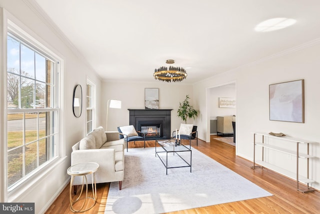 living room with a healthy amount of sunlight, ornamental molding, wood finished floors, and a glass covered fireplace