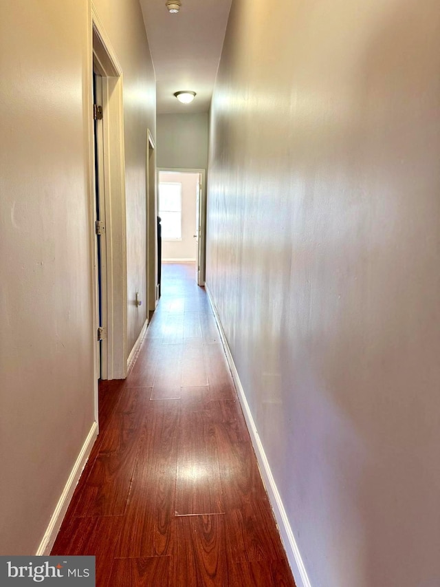 hall featuring wood-type flooring and baseboards