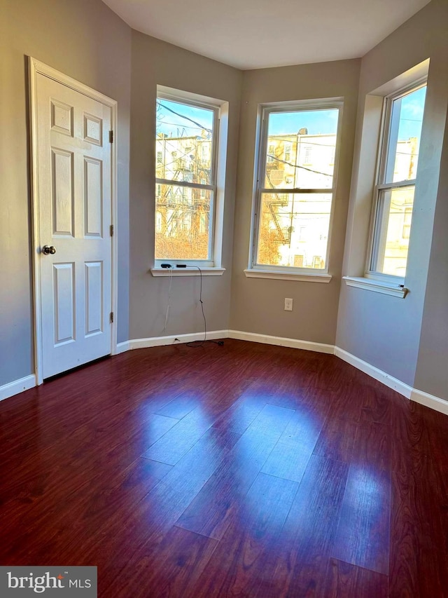 empty room with baseboards, wood finished floors, and a healthy amount of sunlight