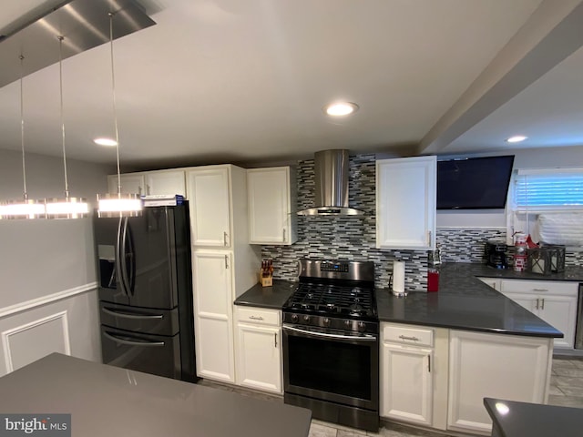 kitchen featuring white cabinets, wall chimney range hood, black refrigerator with ice dispenser, dark countertops, and gas range