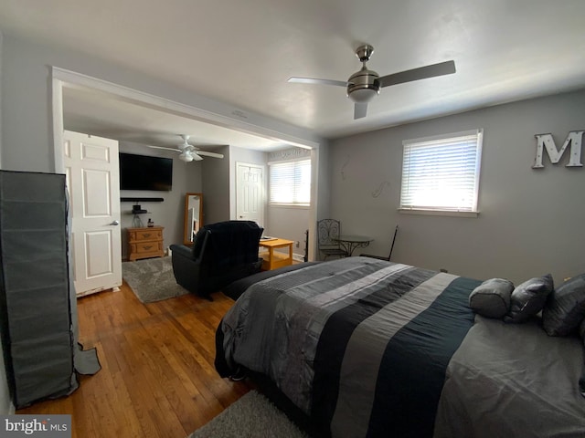 bedroom featuring a closet, ceiling fan, and wood finished floors