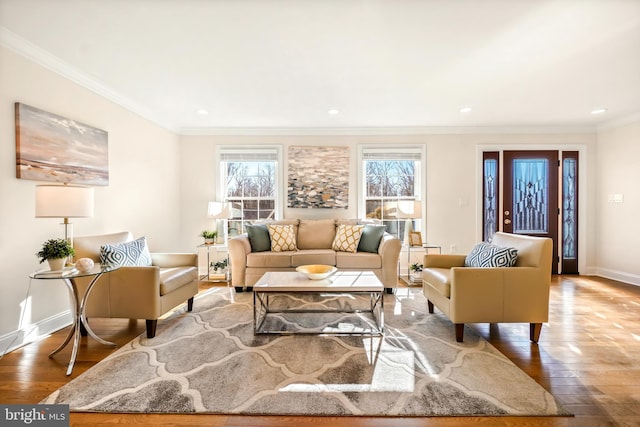 living room featuring ornamental molding and hardwood / wood-style floors