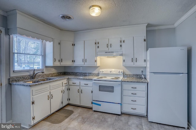 kitchen with white cabinetry, sink, ornamental molding, white appliances, and a textured ceiling