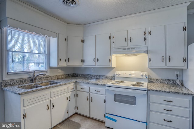 kitchen featuring electric stove, a textured ceiling, ornamental molding, sink, and white cabinetry