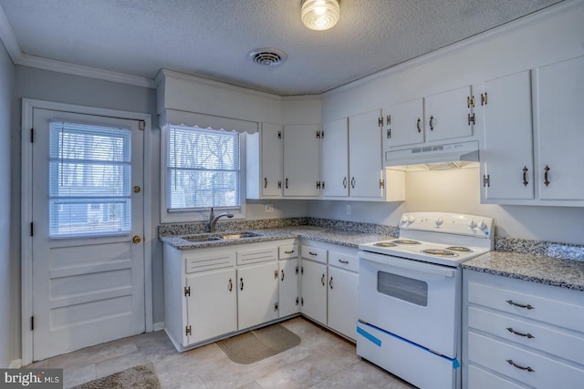 kitchen with sink, crown molding, white electric range oven, and white cabinets