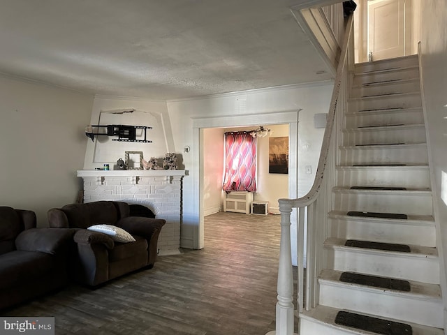 living room featuring ornamental molding and wood-type flooring