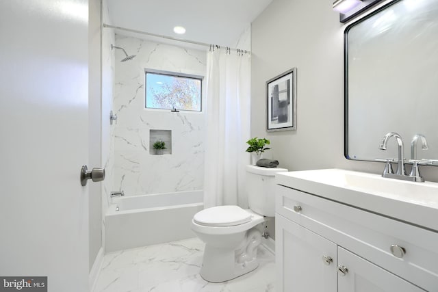 full bathroom with shower / bath combo, vanity, and toilet