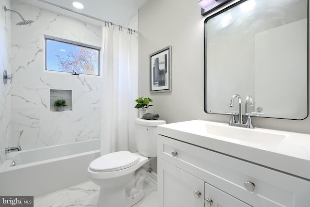 full bathroom with toilet, vanity, and shower / tub combo