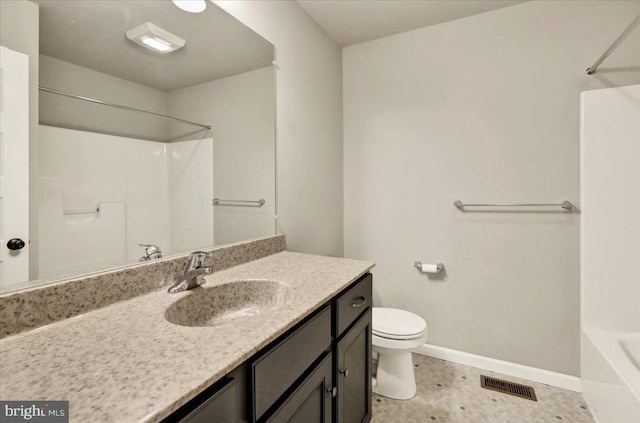 bathroom with toilet, baseboards, visible vents, and vanity